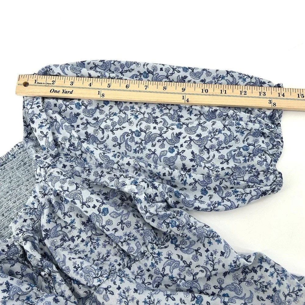 Cottagecore Blue Floral Peasant Top L Petite‎ Puff Sleeve Milkmaid Boho Romantic